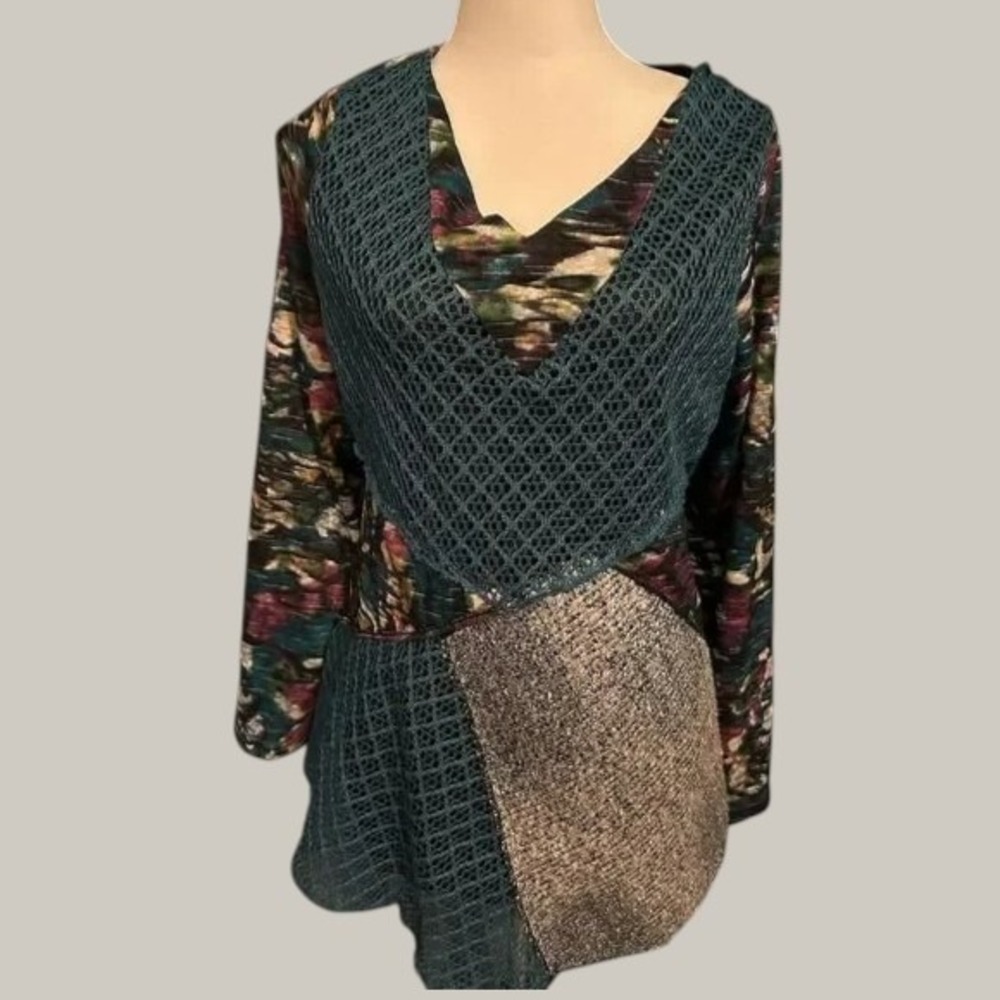 This & That Mixed Media Patchwork‎ Mesh Lace V-Neck Tunic Top Blue Purple XXL